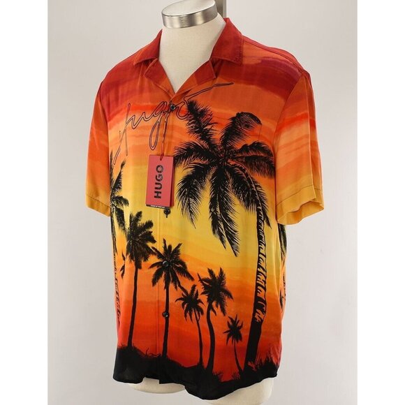 HUGO BOSS Red Palm Tree ELLINO Straight Fit Short Sleeve Viscose Shirt M NWT - Picture 1 of 2
